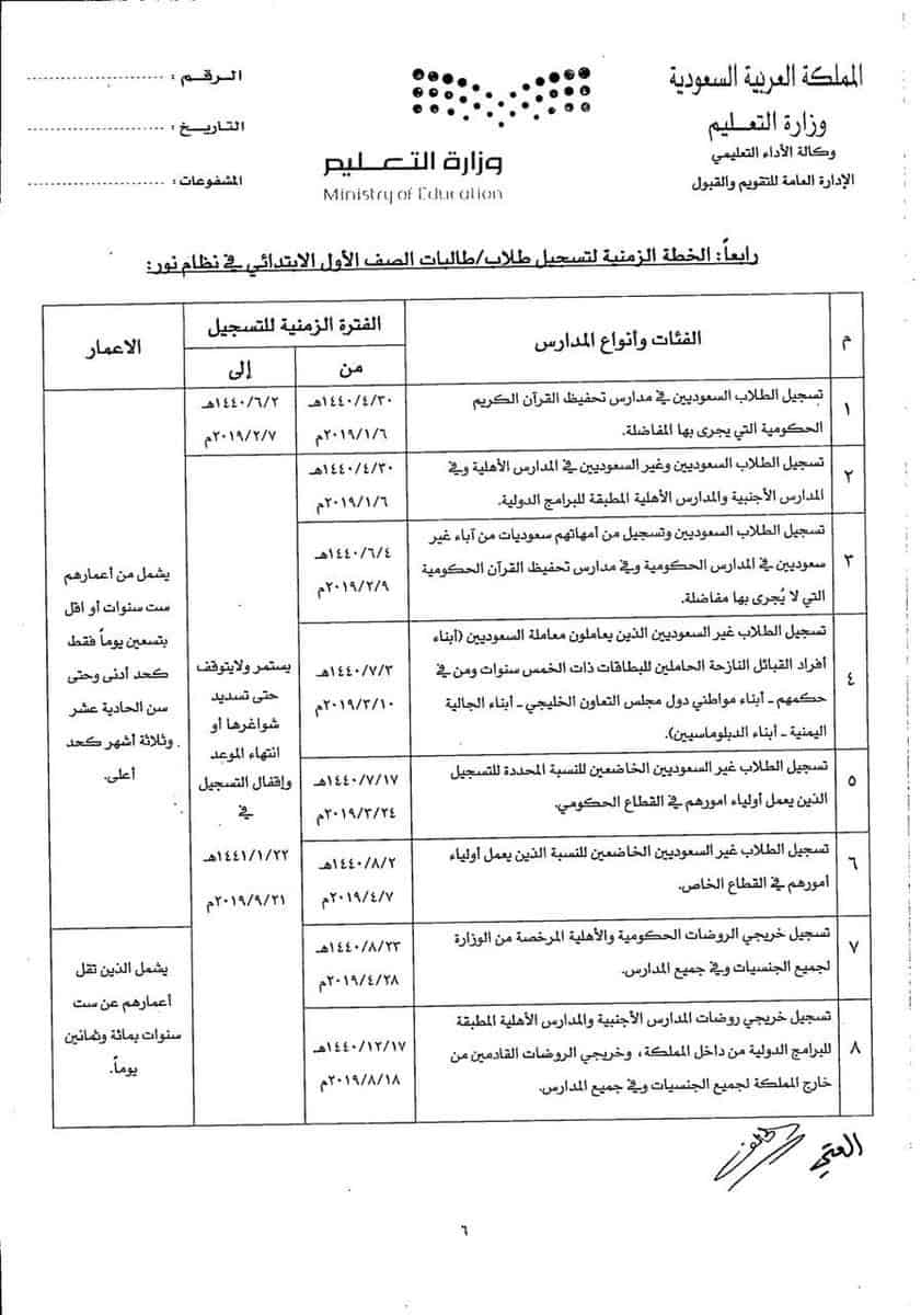 الخطة الزمنية لتسجيل طلاب الصف الأول الابتدائي علي نظام نور