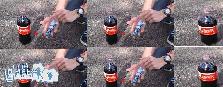 شاهد بالفيديو ماذا يحدث عند وضع حبة نعناع في زجاجة الكوكاكولا