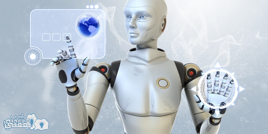 Female android using a futuristic interface