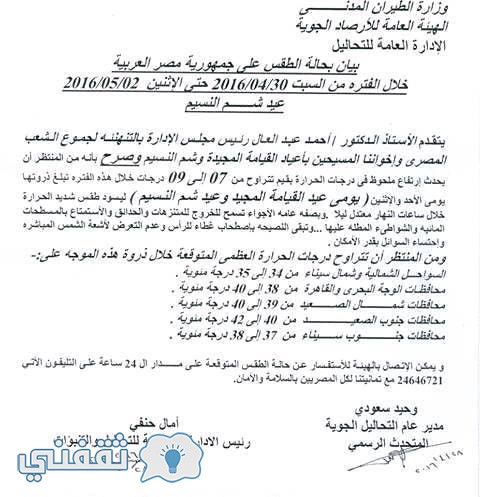 بيان بدرجات الحرارة وحالة الطقس احتفالات شم النسيم الأرصاد الجوية
