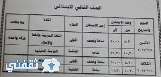 جدول امتحان الصف الثانى الابتدائي