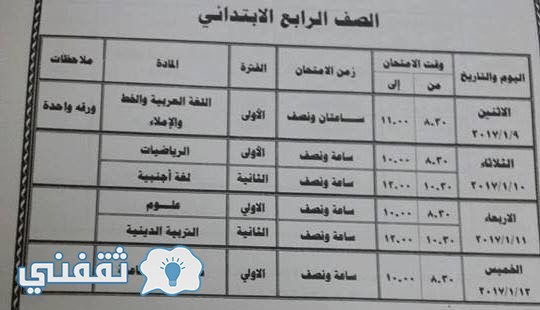 جدول امتحان الصف الرابع الابتدائى