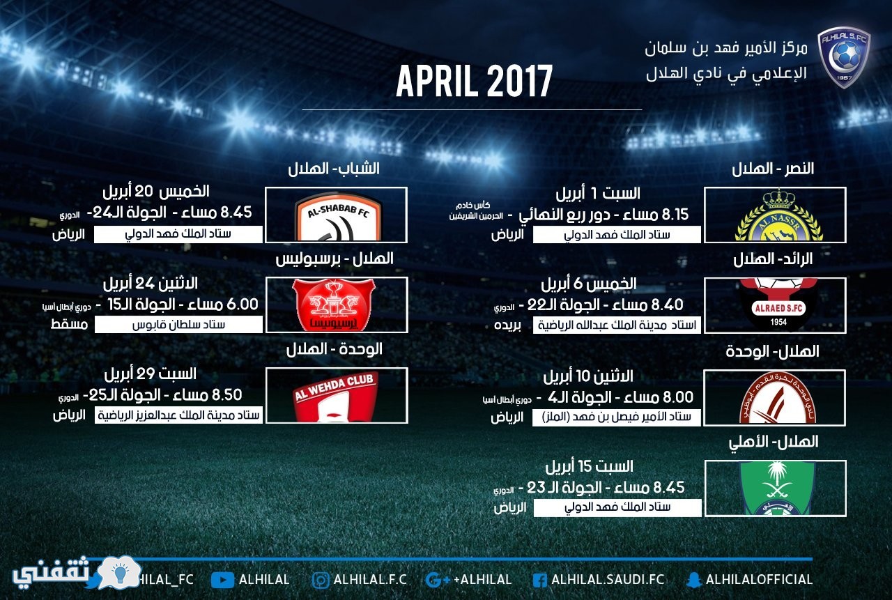 جدول مباريات الهلال في أبريل القادم في دوري جميل وكأس خادم الحرمين ودوري أبطال آسيا مباريات الهلال القادمة