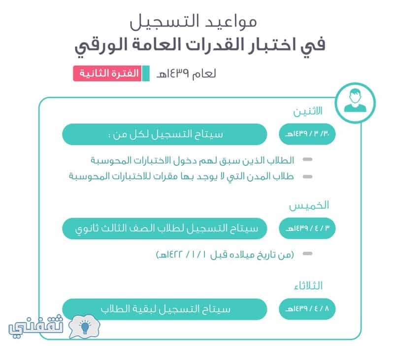 مواعيد التسجيل في اختبار القدرات العامة الورقي 1439