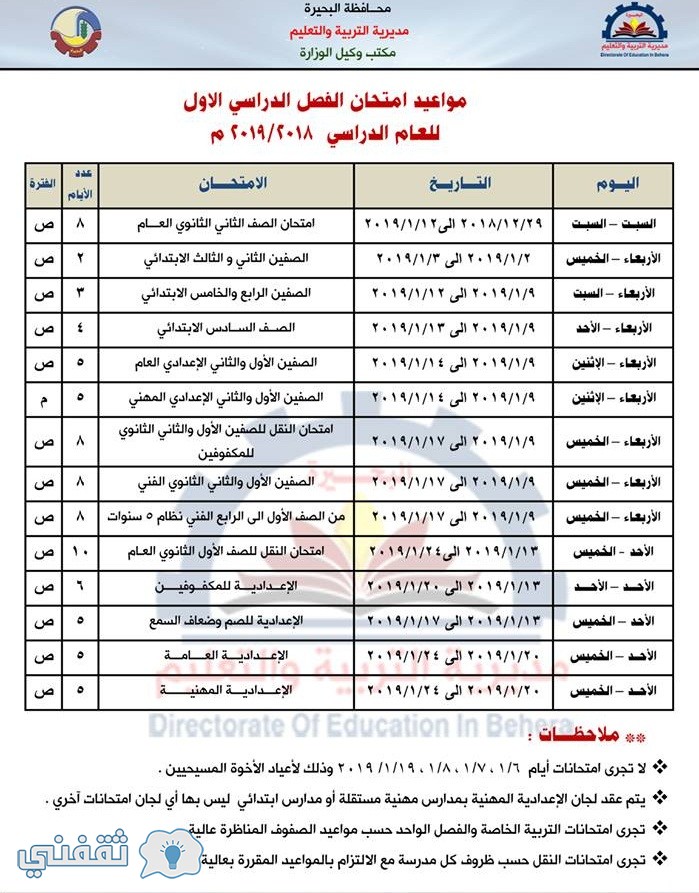جدل ومواعيد امتحانات محافظة البحيرة 2019 الترم الأول