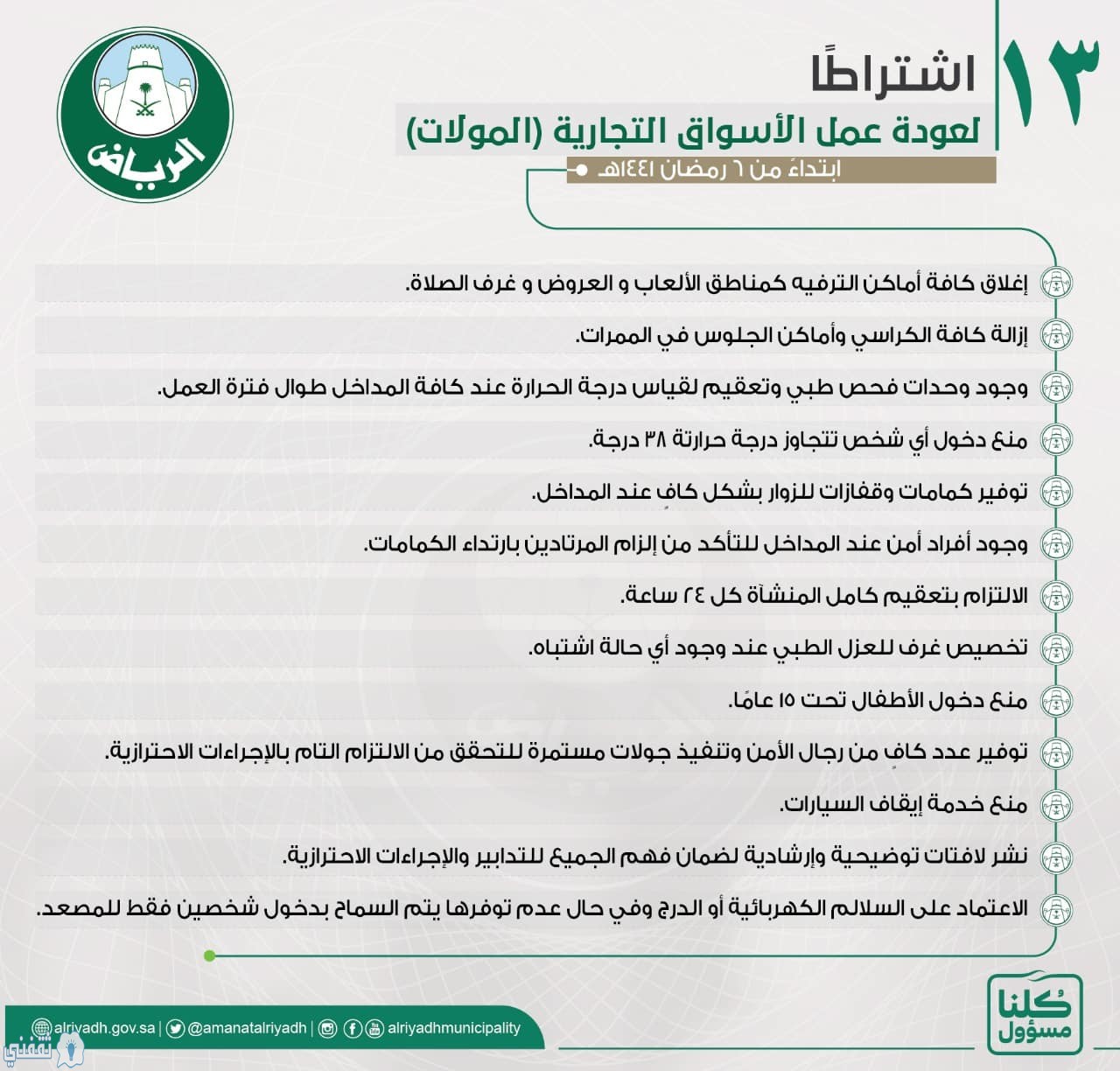 أمانة الرياض تضع 13 اشتراطًا لعودة المولات