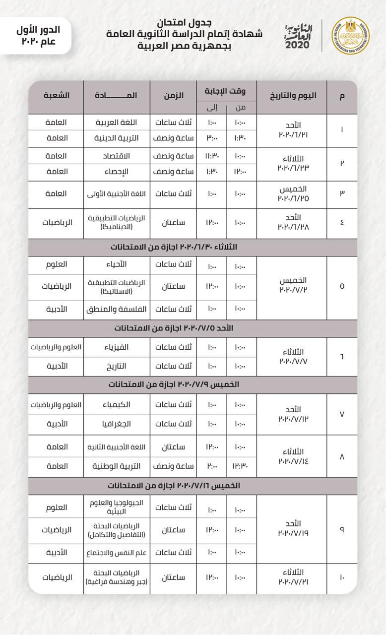 اخر تعديل لجدول امتحانات ثانوية عامة