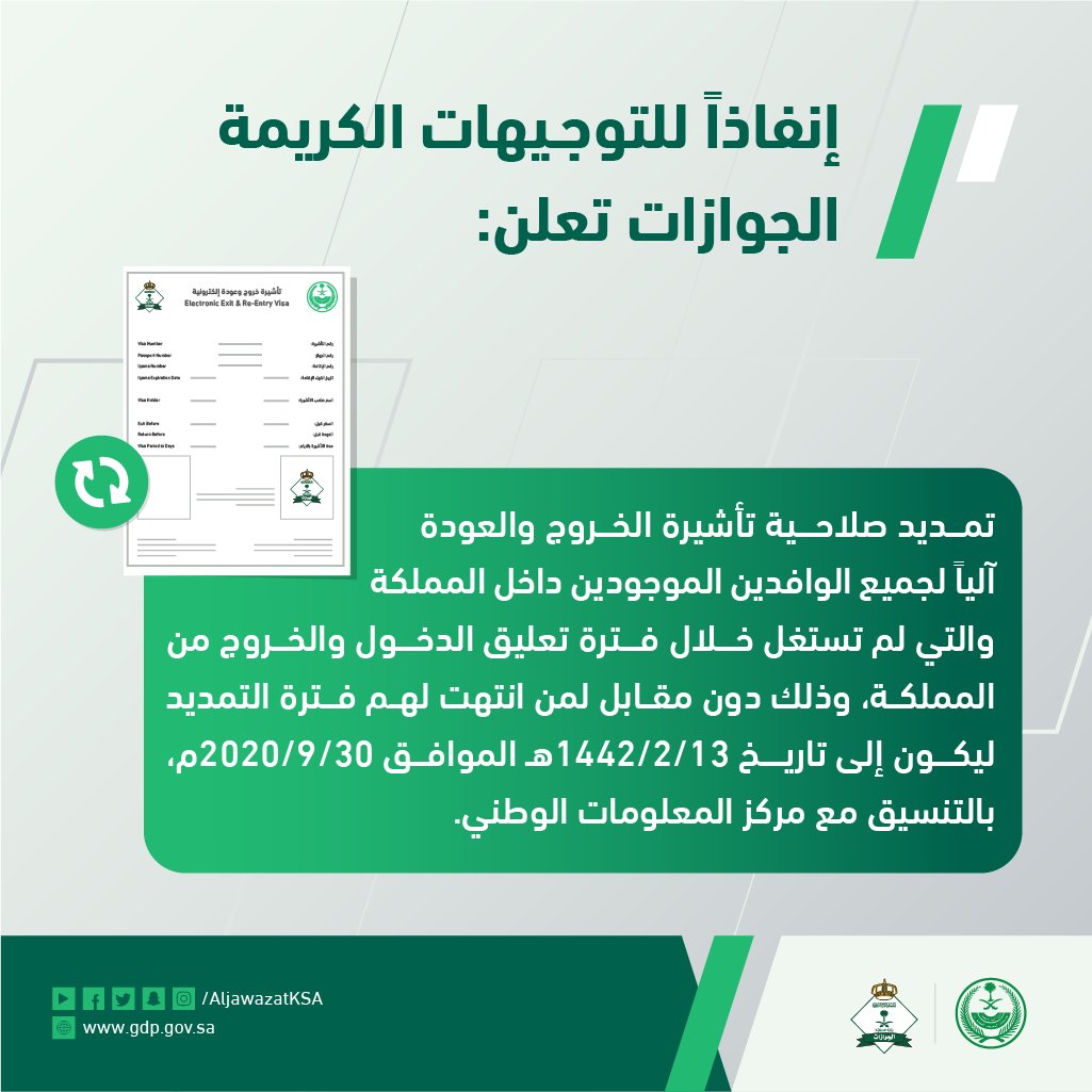 تمديد صلاحية تأشيرات الخروج والعودة