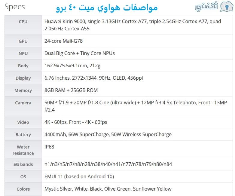 مواصفات هواوي ميت 40 برو