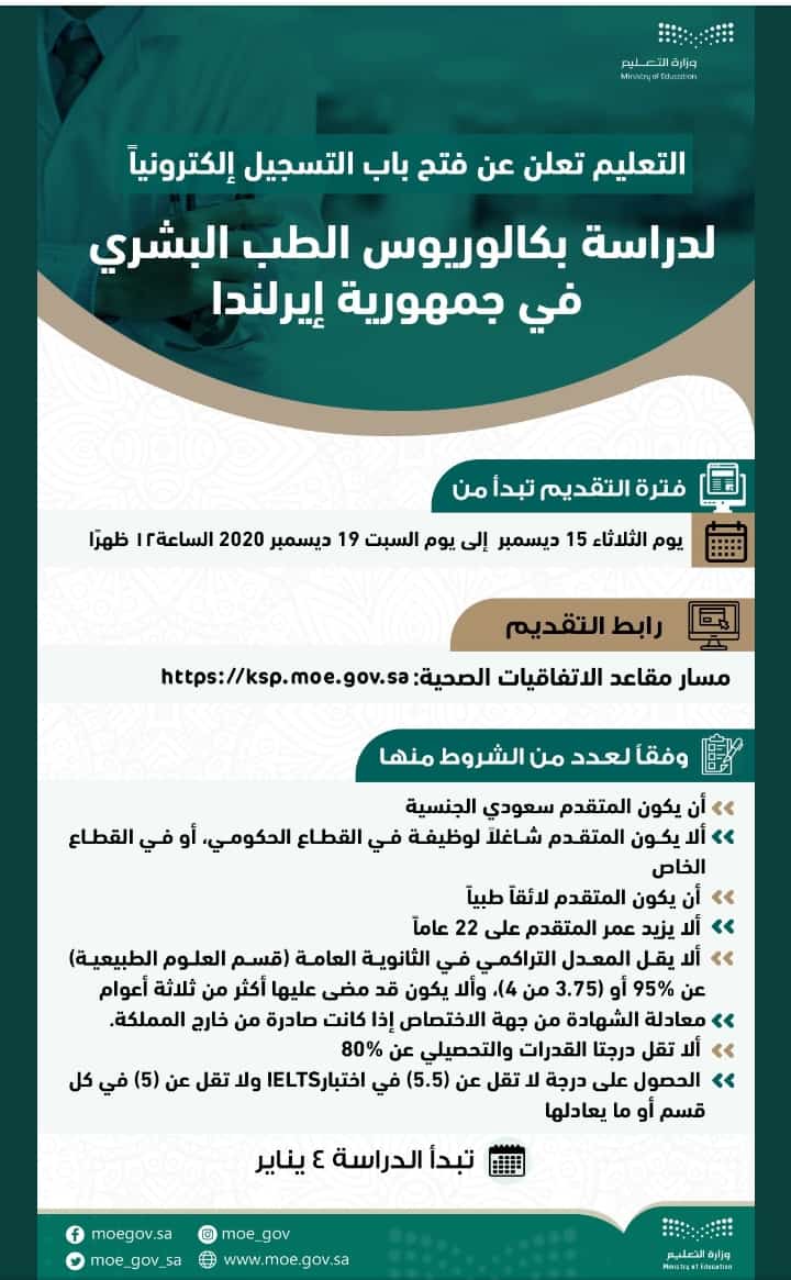 فتح باب التسجيل لدراسة بكالوريوس الطب البشري في ايرلندا للسعوديين