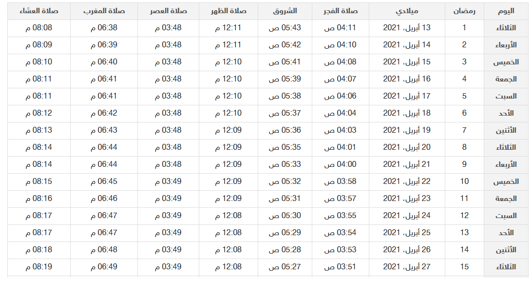 امساكية رمضان ١٤٤٢ العراق