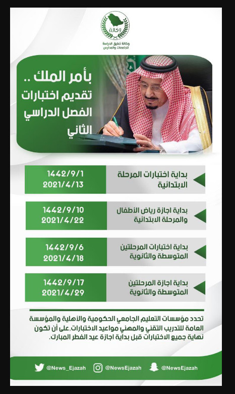 موعد الاختبارات النهائية لجميع المراحل المختلفة في السعودية