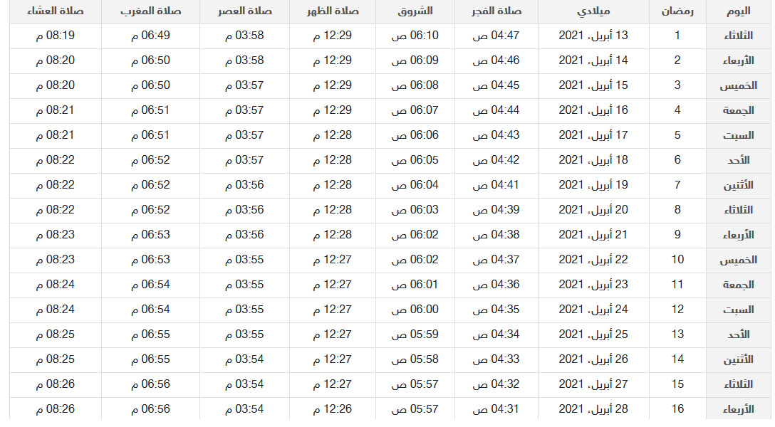 امساكية رمضان 2021 الامارات أبو ظبي
