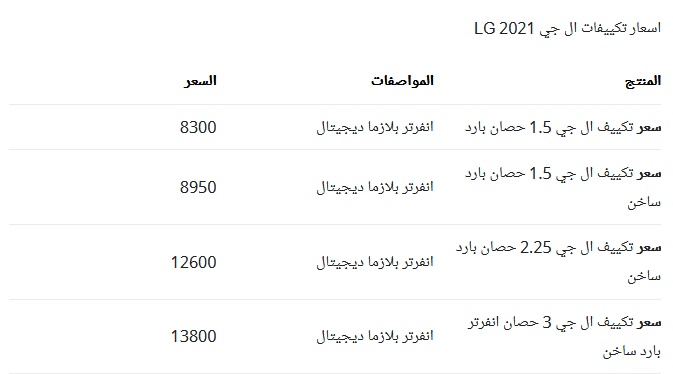 اسعار تكييفات ال جي LG 2021