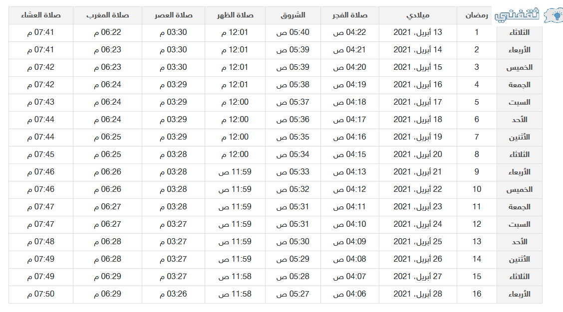 امساكية رمضان 2021 في السعودية الرياض
