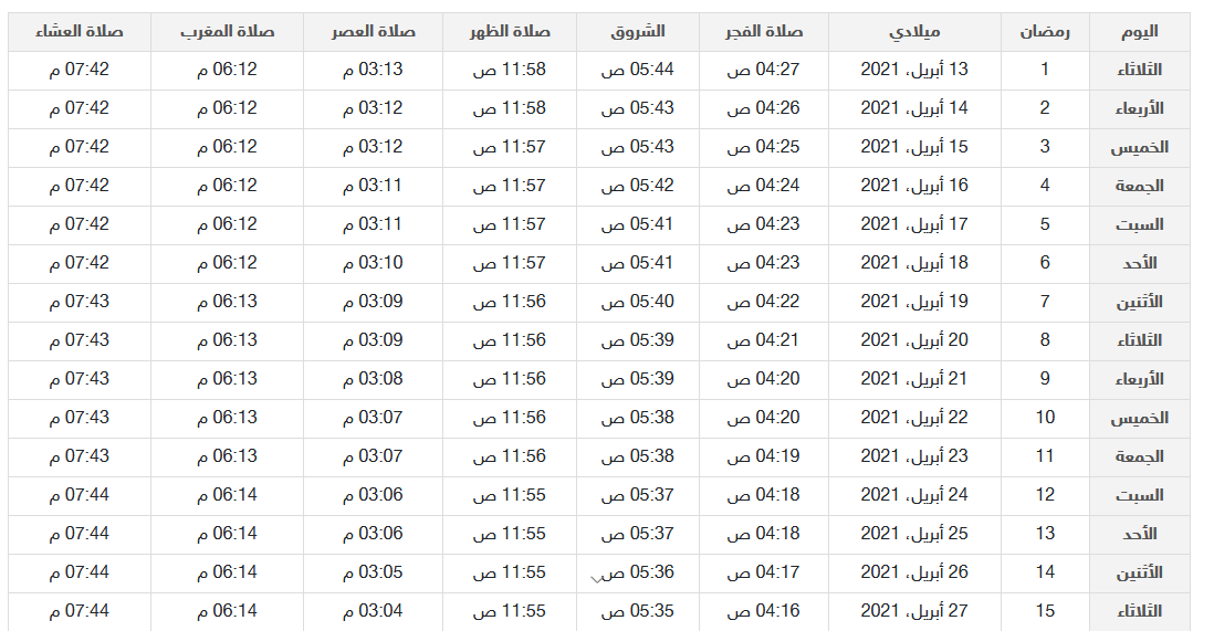 إمساكية شهر رمضان 2021 في الخرطوم