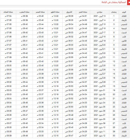 امساكية رمضان 2021 المدينة المنورة