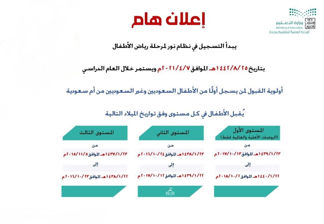 تسجيل رياض الأطفال عبر نظام نور 1443