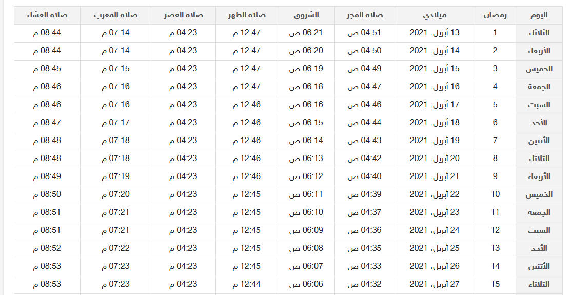 امساكية رمضان ١٤٤٢ في فلسطين