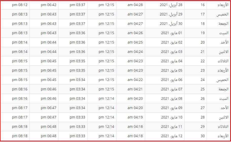 كامل امساكية رمضان 1442 -2021 السعودية أذان المغرب مواقيت الصلاة الرياض وجدة والمدن