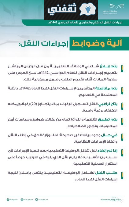 ألية وضوابط إجراءات النقل الداخلي والخارجي للمعلمين 1442 هجري