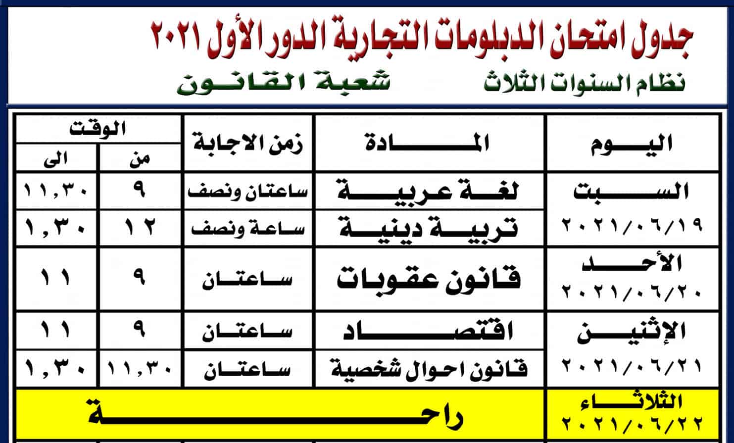 جدول امتحانات دبلوم التجارة 2021