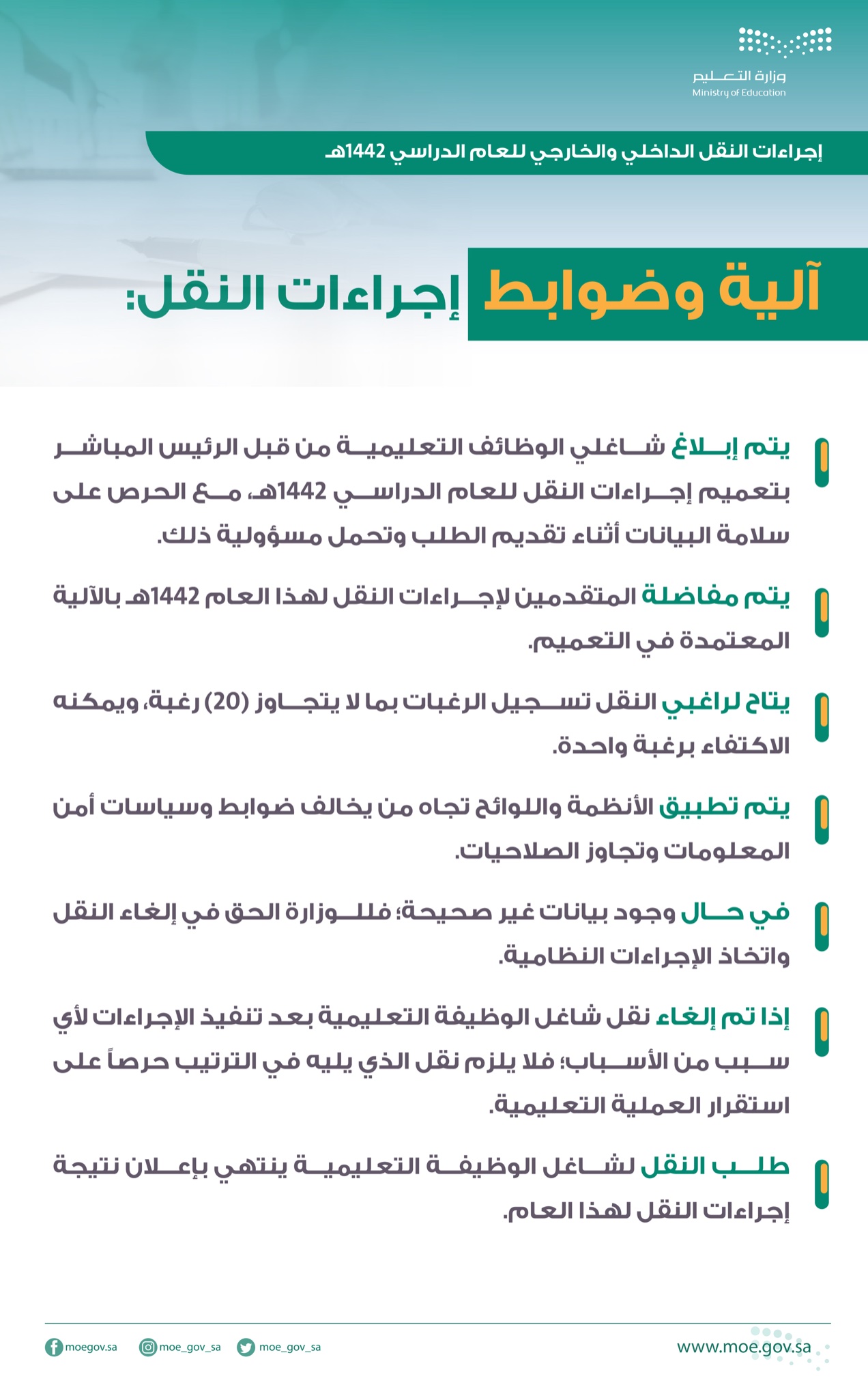 ضوابط وألية النقل الداخلي والخارجي للمعلمين