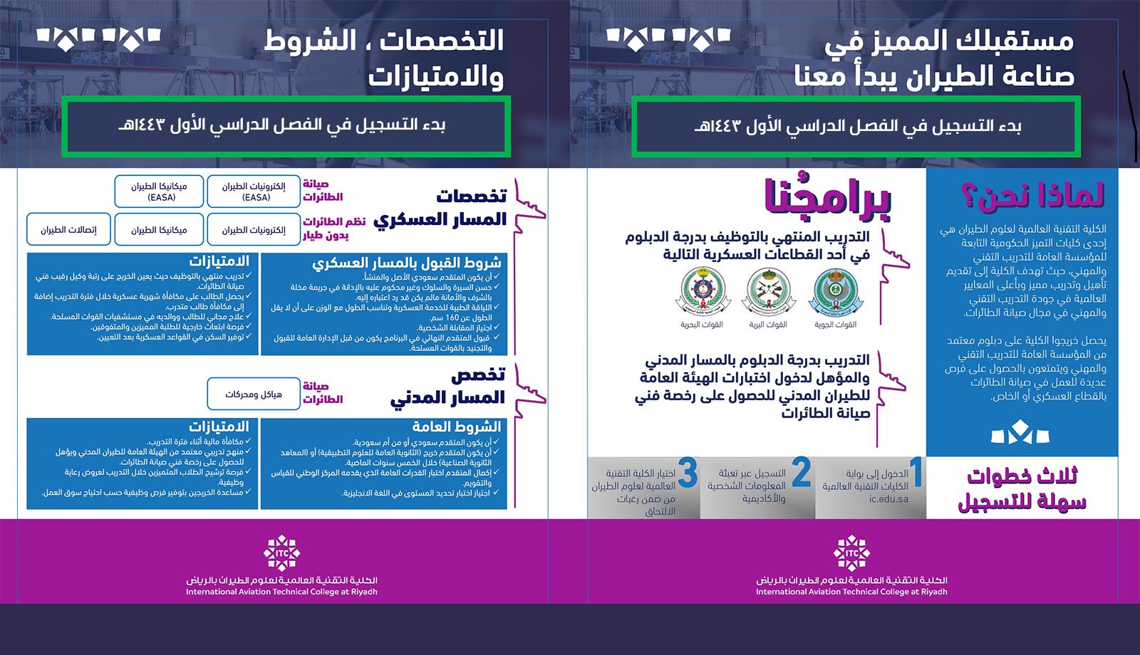 تخصصات ومزايا تقديم الكلية التقنية العالمية لعلوم الطيران مسار عسكري ومدني شروط التسجيل