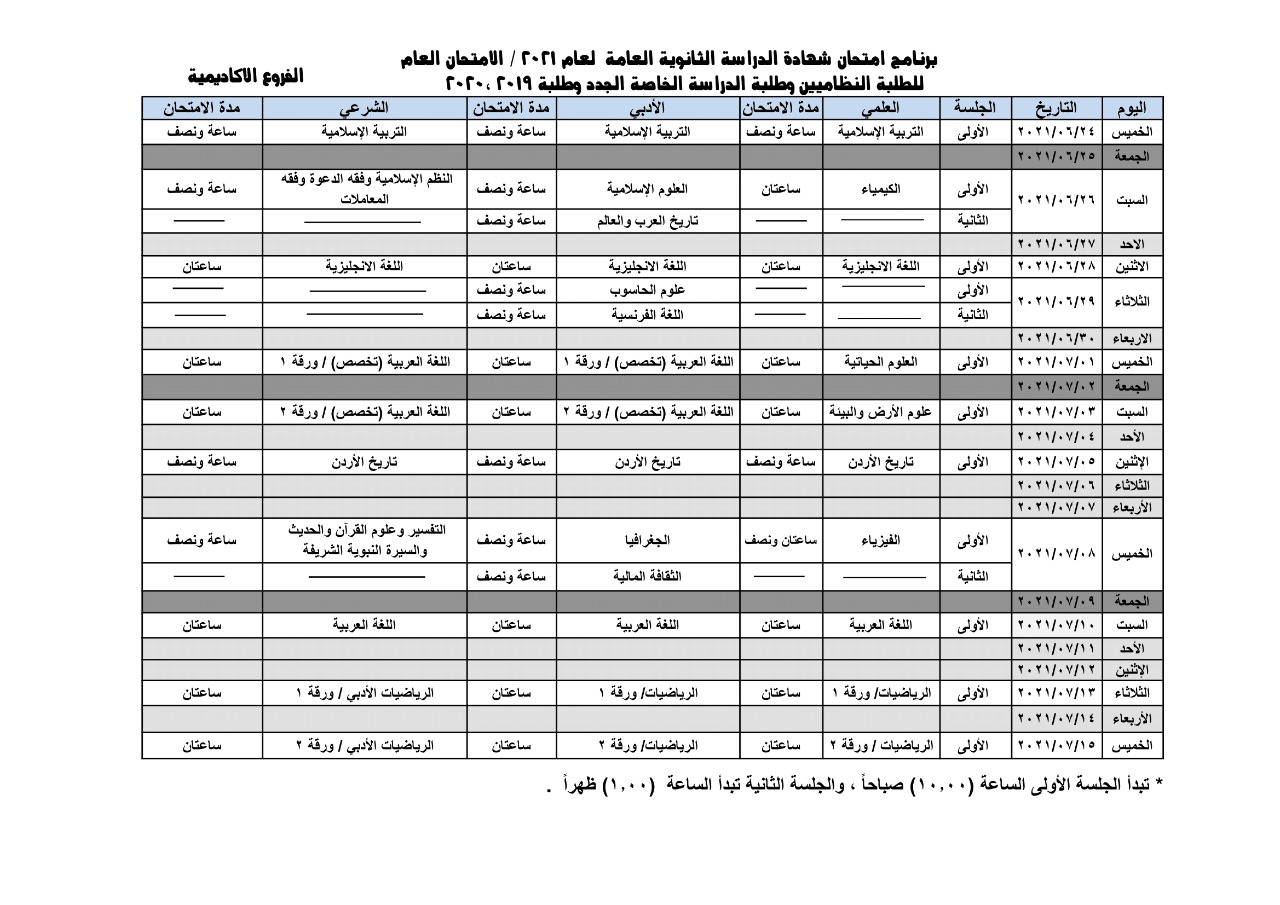 تعرف على برنامج امتحانات التوجيهي الأردن 2021 ومواعيد امتحانات الثانوية العامة