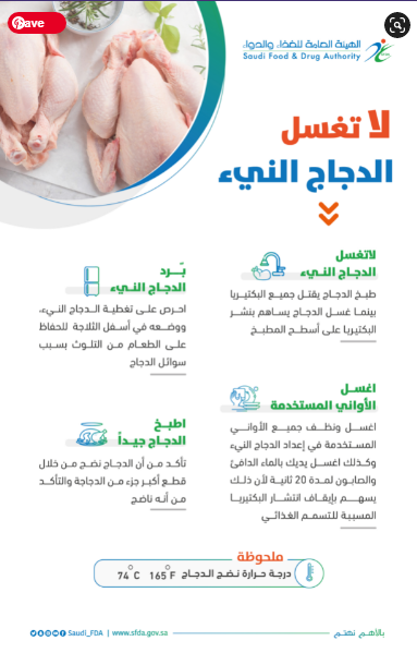 الغذاء والدواء تُحذر من غسل الدجاج النيء اطبخه دون غسيل لمنع انتشار البكتيريا