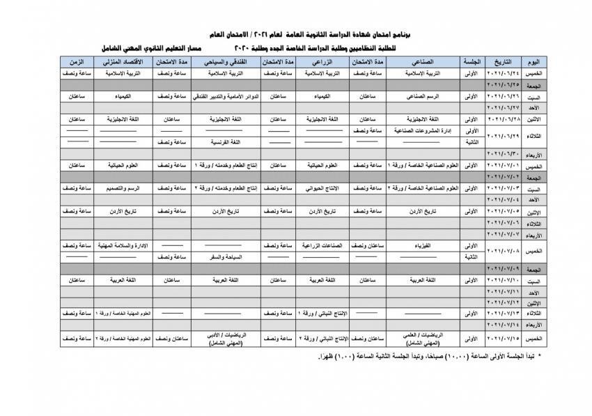 جدول امتحانات التوجيهي 2021