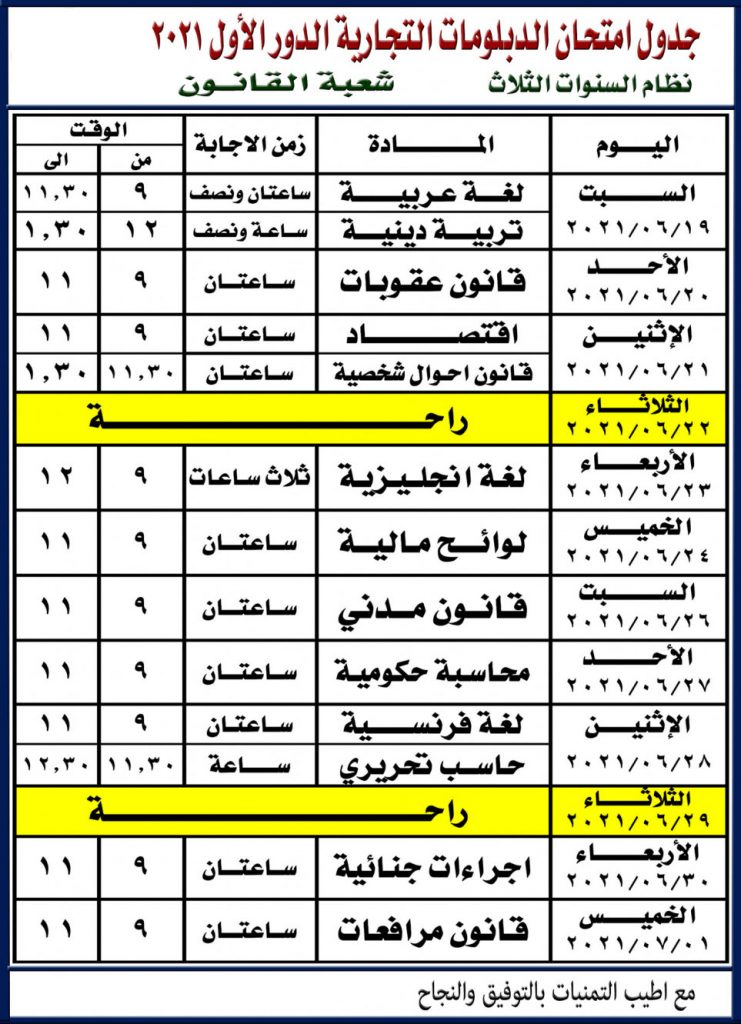 جدول امتحان الصف الثالث التجاري