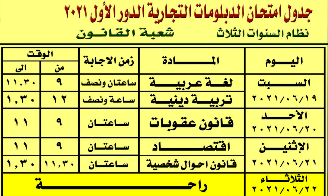 جدول امتحان الصف الثالث التجاري