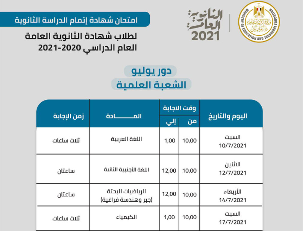 جدول امتحانات الثانوية العامة