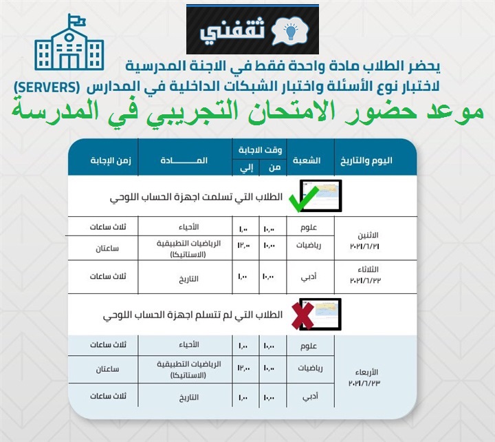 حضور الطالب يوم واحد للاختبار في المدرسة لتجربة السيستم