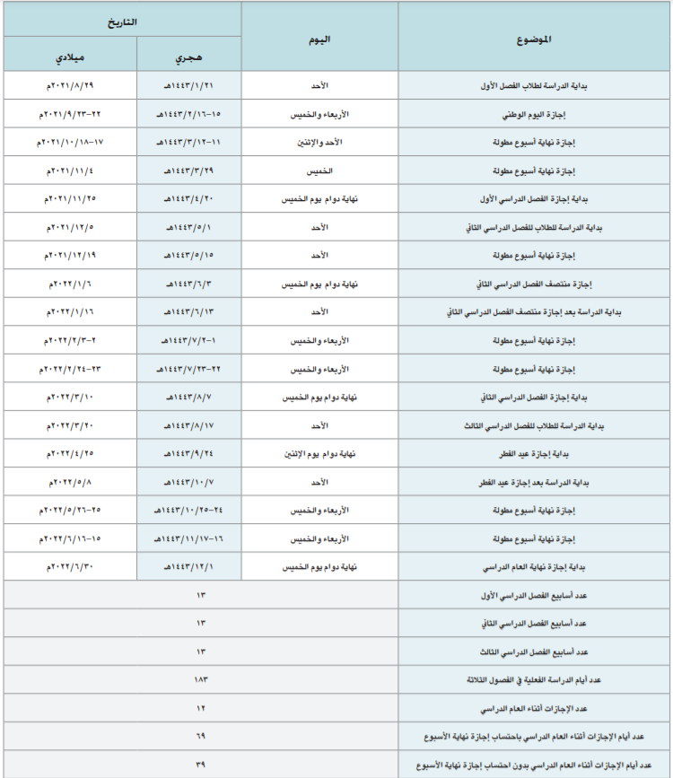 تقويم دراسي 1443