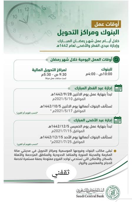 إجازات بنوك السعودية بعيد الأضحى وموعد الدوام 1442 ثقفني