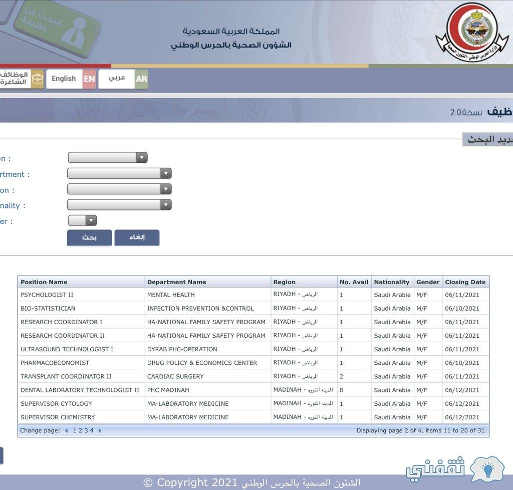 وظائف الشئون الصحية بالحرس الوطني