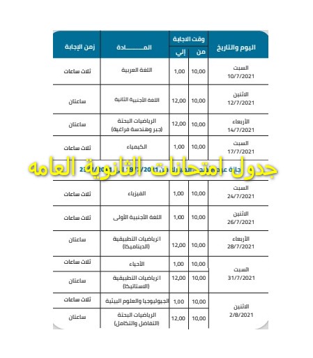 جدول امتحانات الثانوية العامه