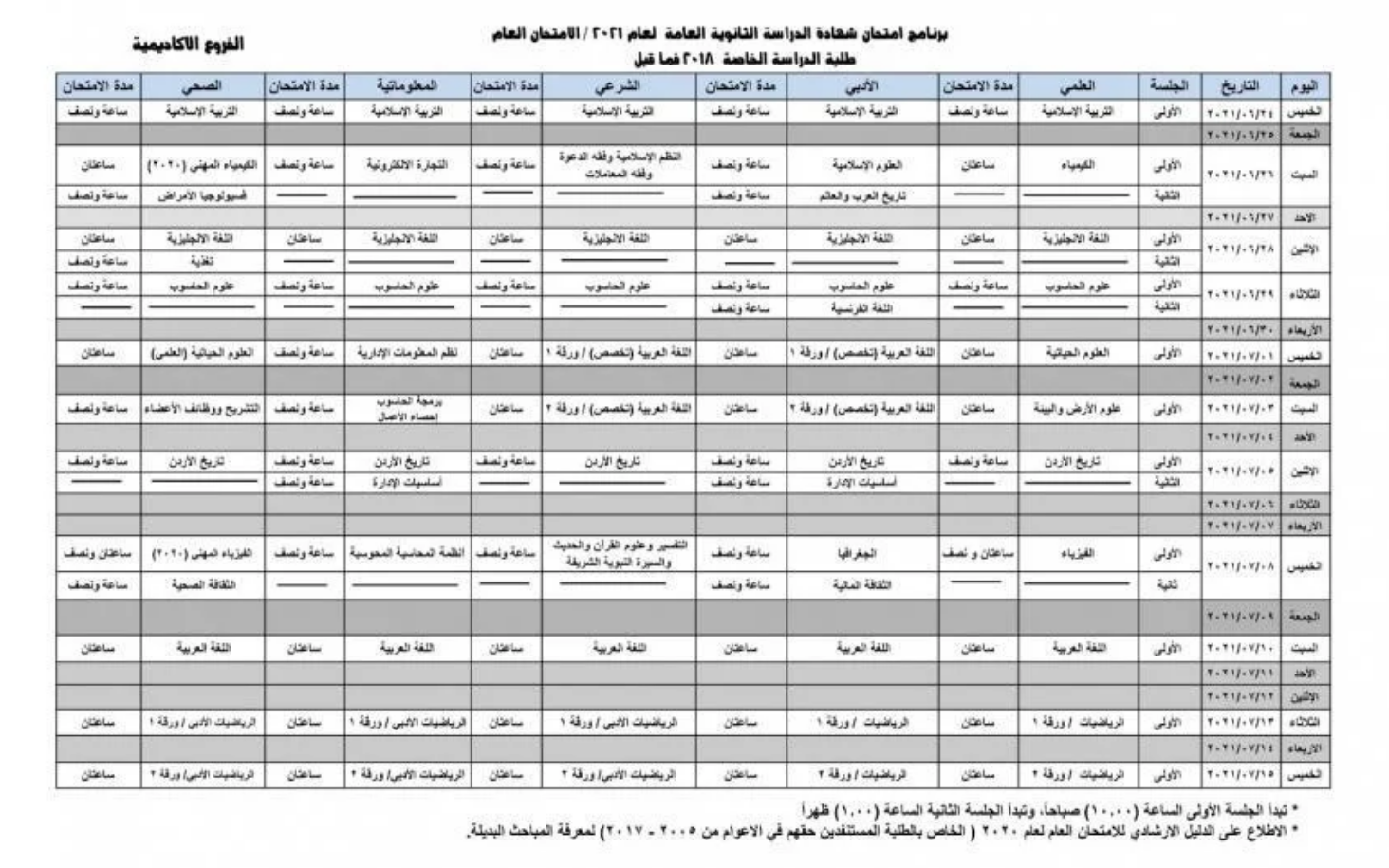 جدول امتحانات التوجيهي 2021 الأردن