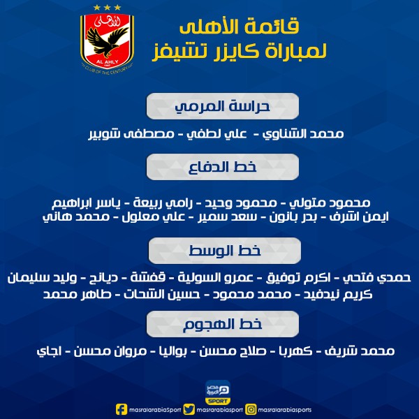 قائمة الأهلي لمباراة كايزر تشيفز
