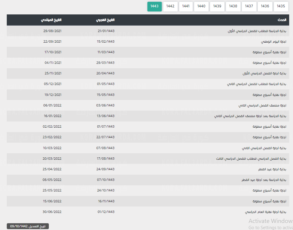 ١٤٤٣ عودة الطلاب جدول اجازات