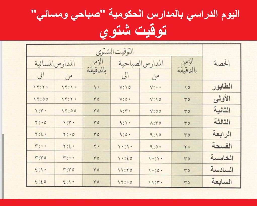 برنامج اليوم الدراسي بالمدارس الحكومية ذات الفترتين صباحي ومسائي فسحة واحدة