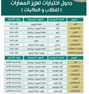 جدول اختبارات تعزيز المهارات 1443