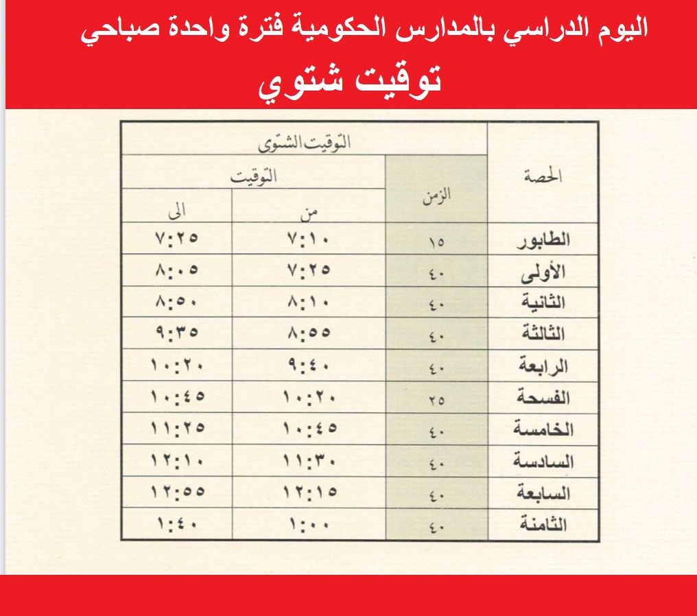 برنامج اليوم الدراسي بالمدارس الحكومية فترة واحدة "صباحي فقط" برنامج اليوم الدراسي بالمدارس الحكومية فترة واحدة "صباحي فقط"