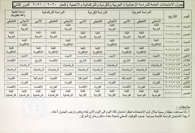 جدول امتحانات السادس الاعدادي 2021 الدور الثاني في العراق