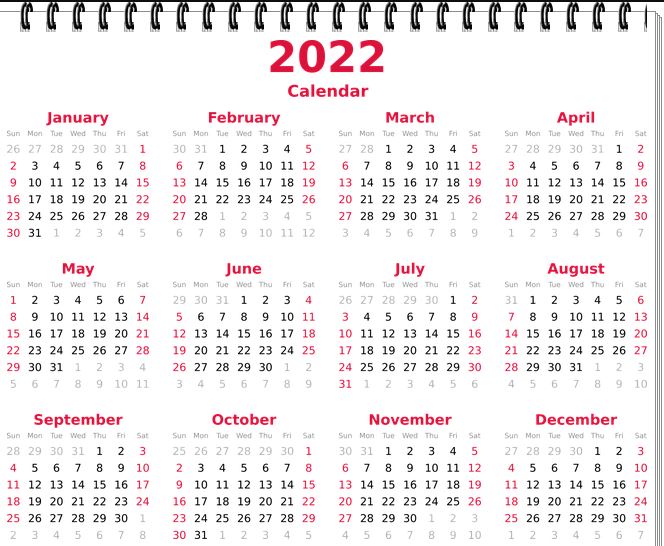تقويم شهر يناير 2022