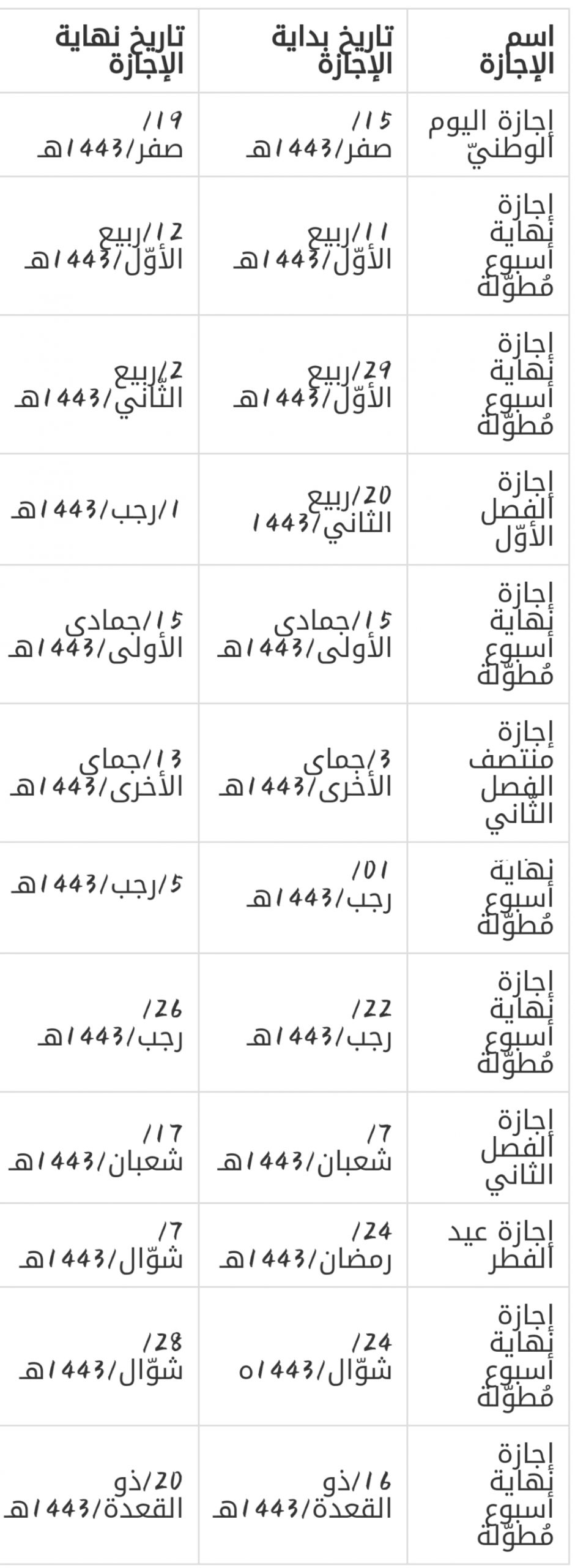 جدول الاجازات 1443