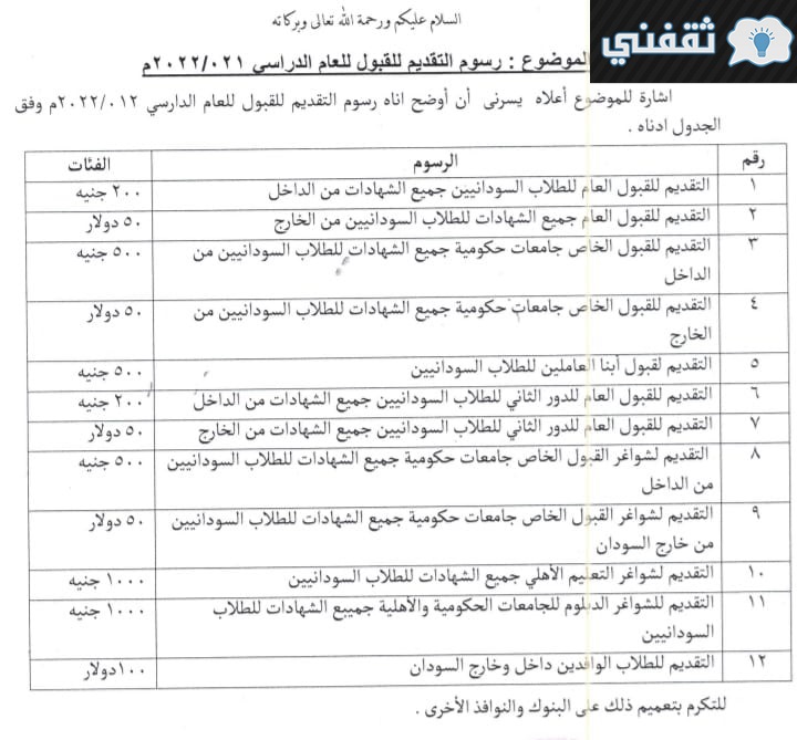 رسوم التقديم للجامعات السودانية