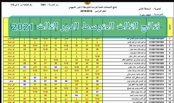 موقع وزارة التربية العراقية لاستخراج نتائج الصف الثالث متوسط الدور الثالث 2021 pdf بدون الرقم الامتحاني 